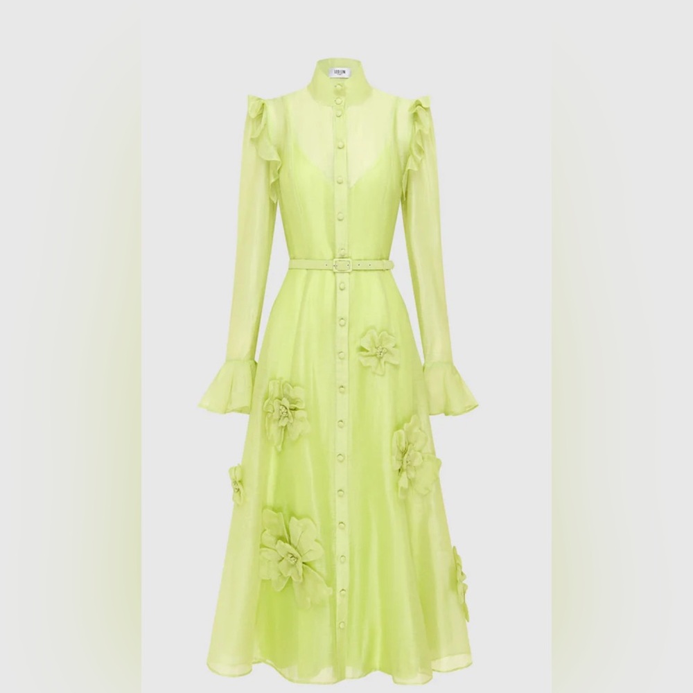 Leo Lin Chartreuse Petal Butterfly Sleeve Midi Dress